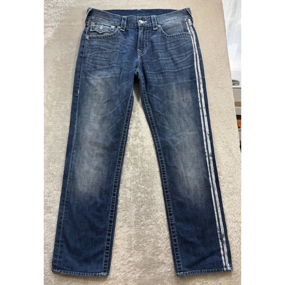 True Religion Mens Slim Chance Side Stripe Flap Pocket Blue Jeans 32 Meas: 34x31
